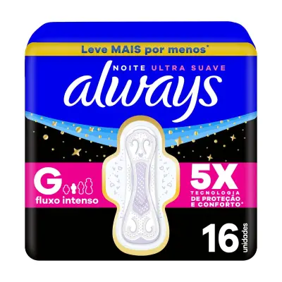 Absorvente Always Noite Ultra Suave com Abas Fluxo Intenso 16 Unidades