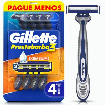 Aparelho de Barbear Descartável Gillette Prestobarba 3 Cabeça Móvel Fita Lubrificante com Vitamina E e Aloe Vera 4 Unidades