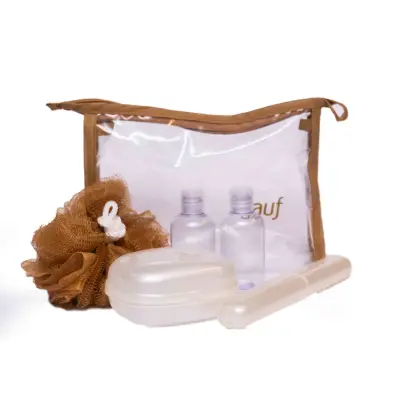 Kit Viagem Dauf Dourado Com Porta Escova + Porta Sabonete + Bucha + Recipiente Para Shampoo +Recipiente Para Condicionador