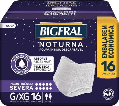 Roupa Íntima Descartável Bigfral Noturna Incontinência Severa Tamanho G/XG 16 Unidades